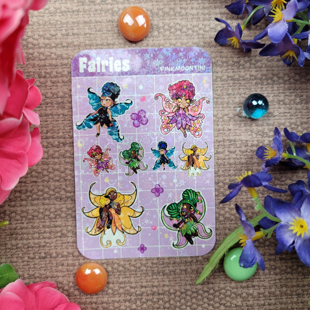10 fairy stickers on a purple background