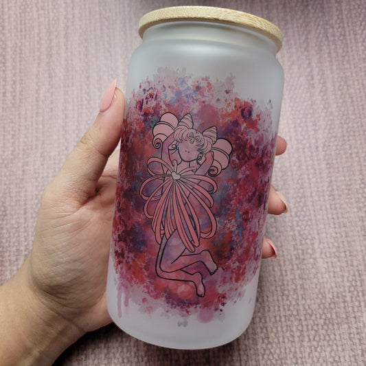 "16 oz frosted Sailor Chibimoon cup with bamboo lid - a clear cup with a frosted finish featuring Sailor Chibimoon character artwork. The cup has a capacity of 16 oz and is topped with a bamboo lid to prevent spills and keep drinks hot or cold."