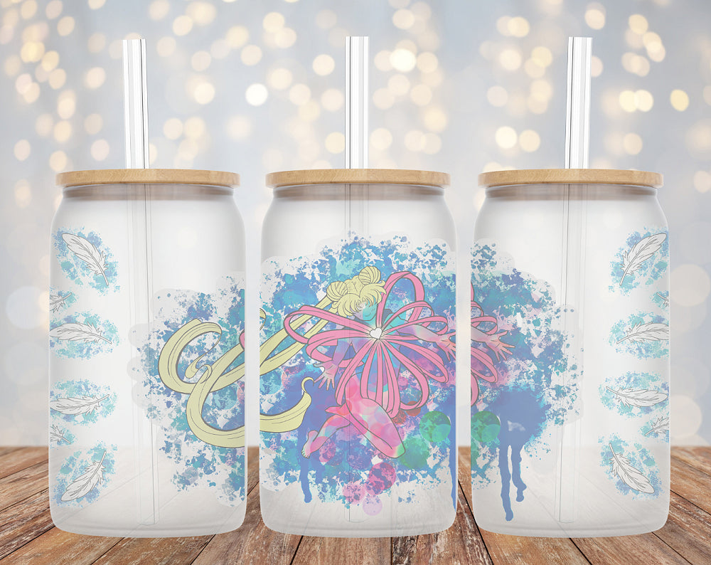 16 oz frosted Sailormoon cup with bamboo lid - a clear cup with a frosted finish featuring Sailormoon character artwork. The cup has a capacity of 16 oz and is topped with a bamboo lid to prevent spills and keep drinks hot or cold.