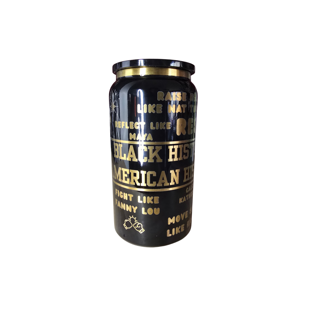 Black laser-engraved tumbler with gold underlay featuring Black History Is American History design