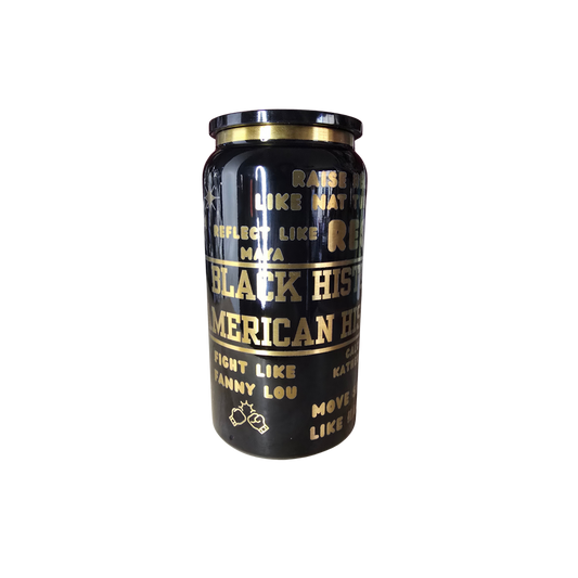 Black laser-engraved tumbler with gold underlay featuring Black History Is American History design