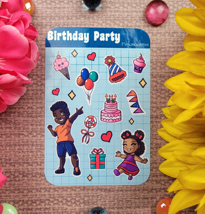 Blue sticker sheet with black kids birthday party celebration stickers